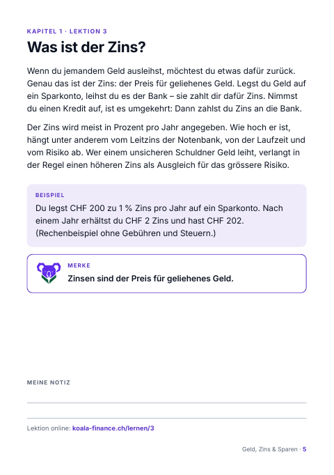 Leseprobe aus Mini-Heft 1: Was ist der Zins?